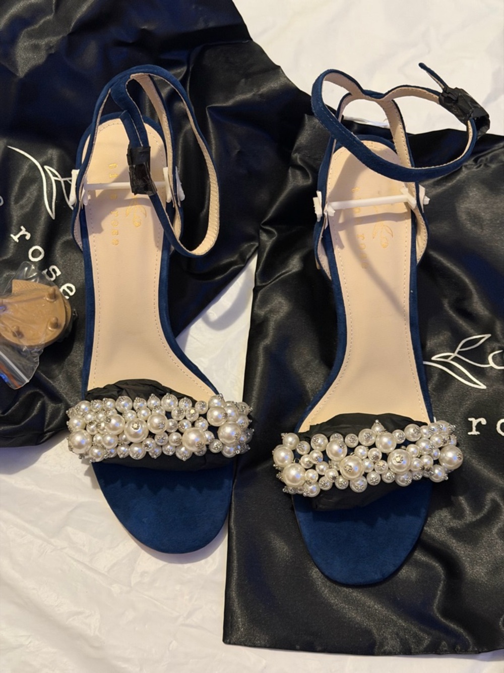 Tina Rose Navy Suede Block Heel Sandals Pearl Rhinestone Ankle Strap Open Toe 10